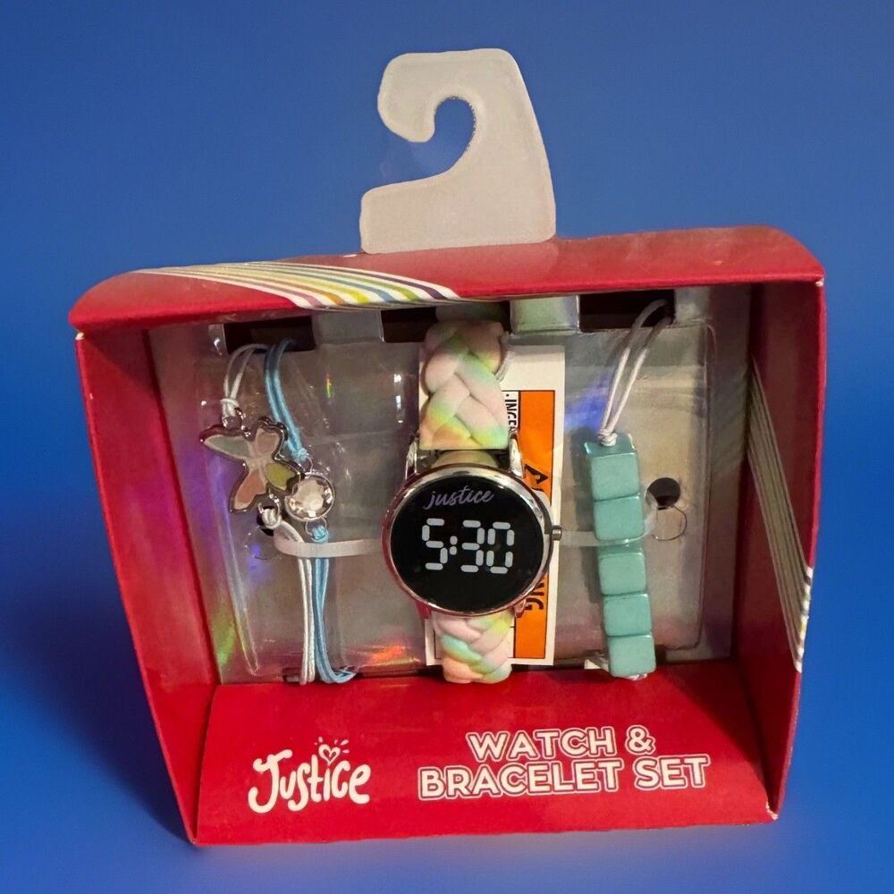 Justice FlashingLCD 4pc Watch Set w/ Matching Braided Strap & Butterfly Bracelet